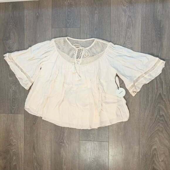 Tularosa Revolve Huxley Top Cream Tassels ties Gauze Crochet Flutter Sleeve - Picture 5 of 15